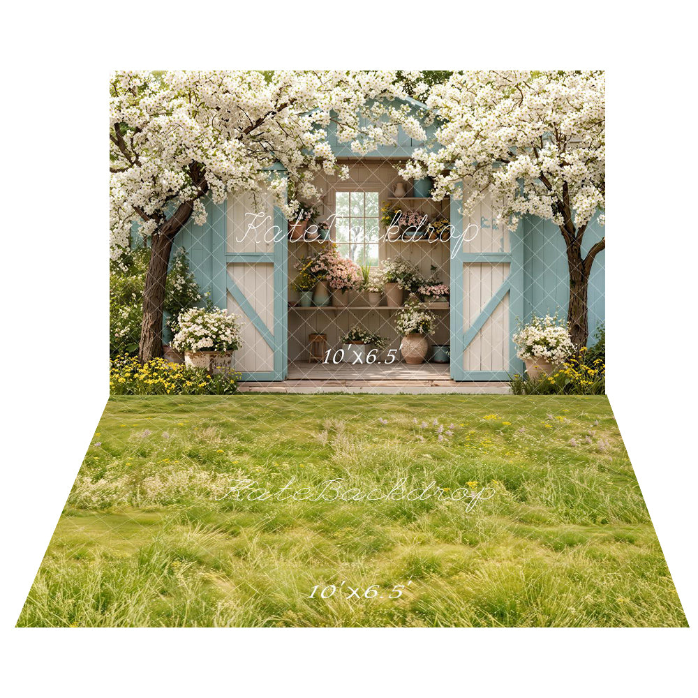 Kate Spring Blooming Flower Tree Backdrop+Green Grass Floor Backdrop