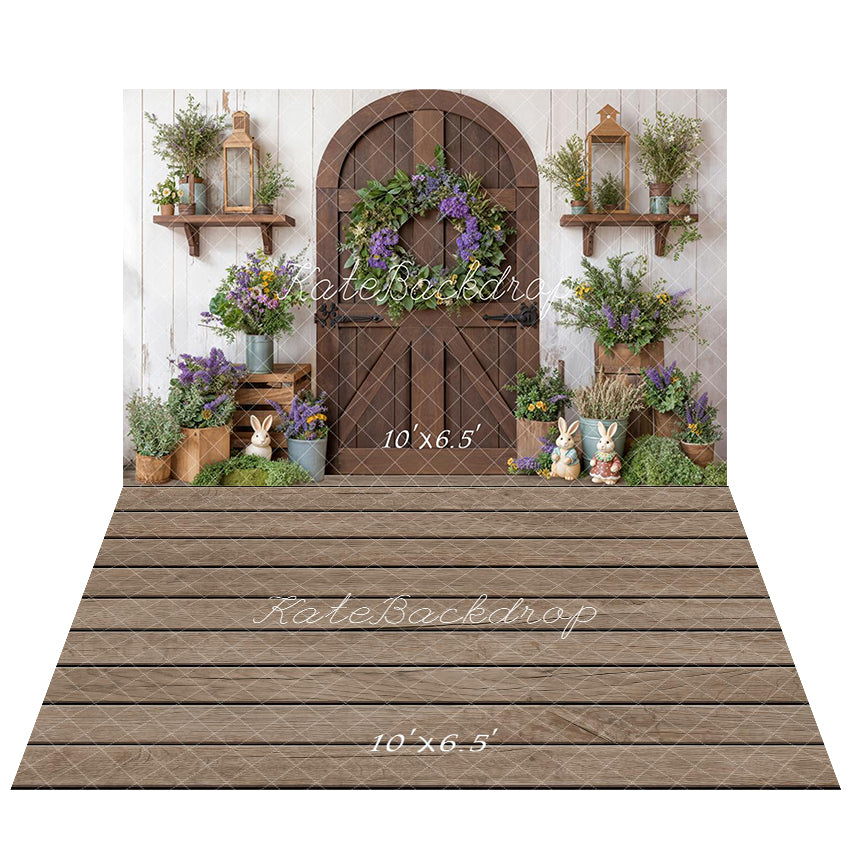 Kate Easter Bunny Flower Door Backdrop+Wood Floor Backdrop