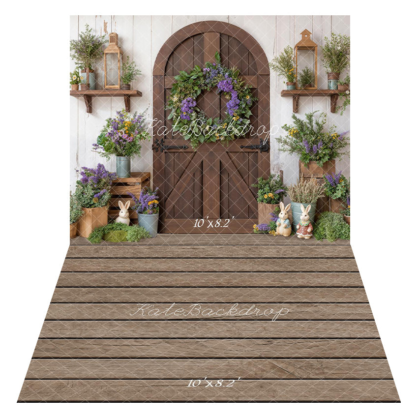 Kate Easter Bunny Flower Door Backdrop+Wood Floor Backdrop
