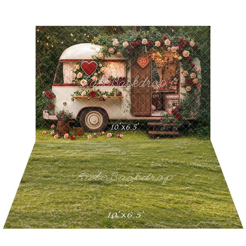 Kate Valentine's Day RV Backdrop+Green Grass Floor Backdrop