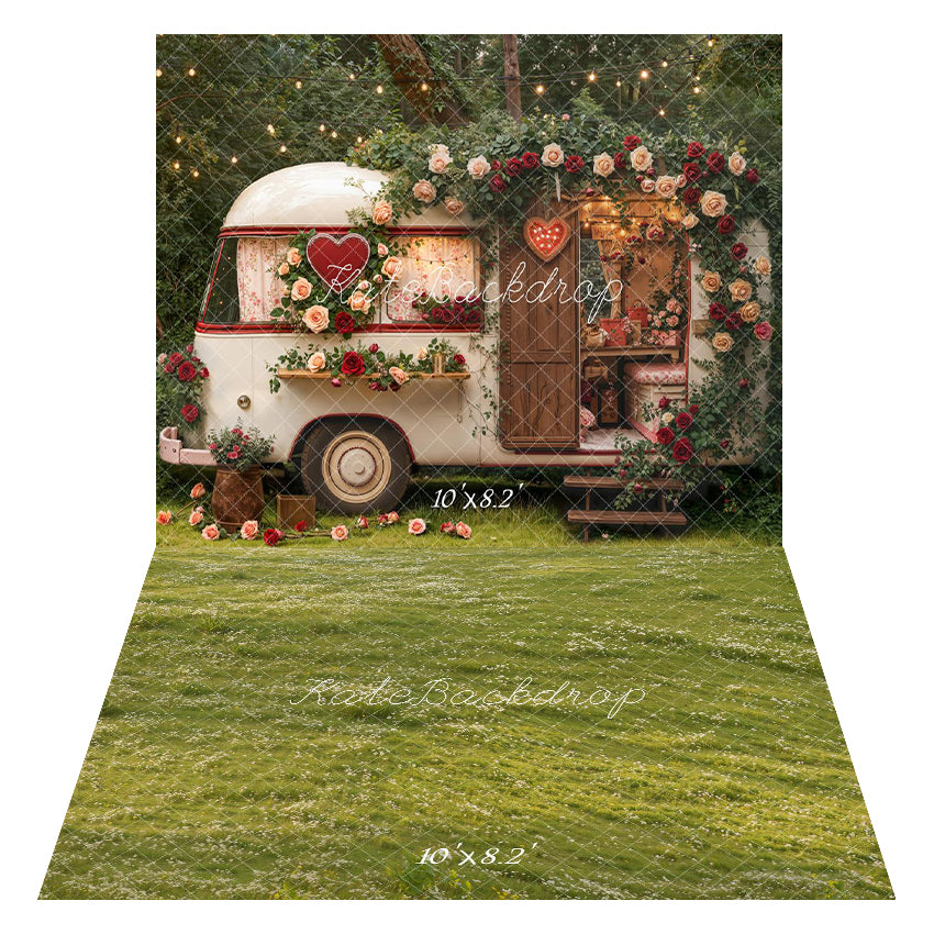 Kate Valentine's Day RV Backdrop+Green Grass Floor Backdrop
