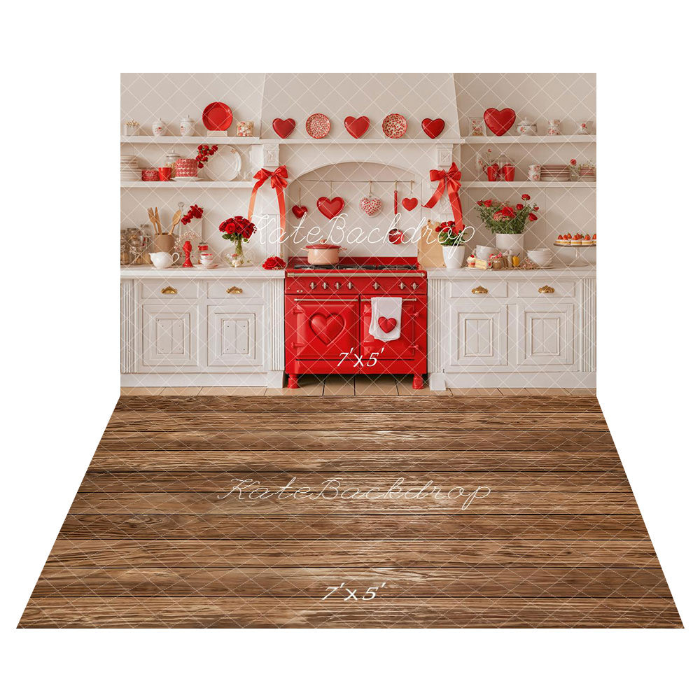 Kate Valentine's Day Kitchen Backdrop+Wood Floor Backdrop