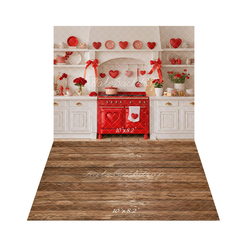 Kate Valentine's Day Kitchen Backdrop+Wood Floor Backdrop