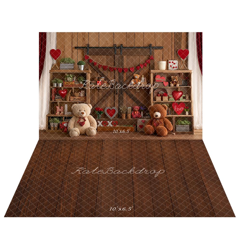 Kate Valentine's Day Teddy Bear Backdrop+Wood Floor Backdrop