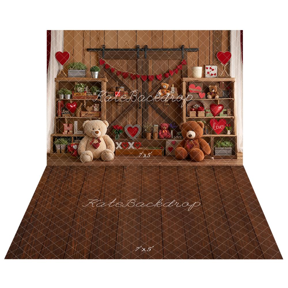 Kate Valentine's Day Teddy Bear Backdrop+Wood Floor Backdrop