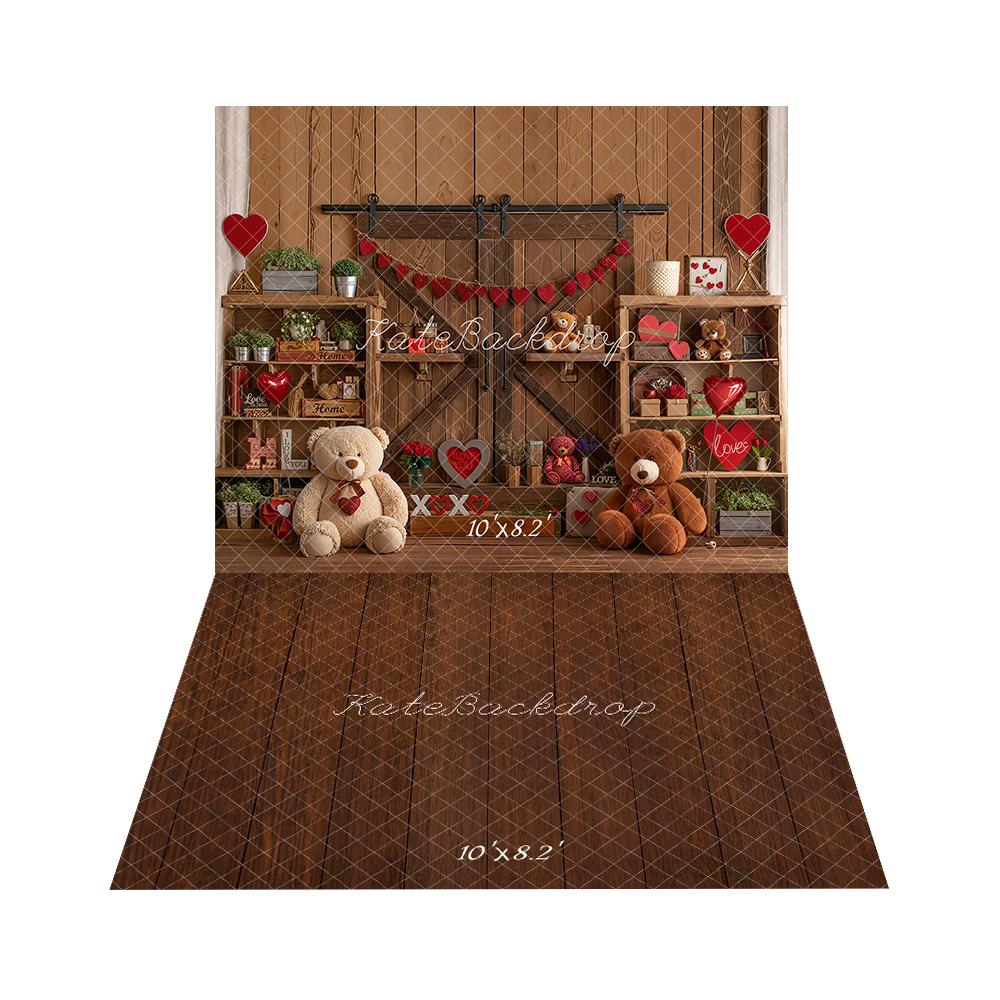 Kate Valentine's Day Teddy Bear Backdrop+Wood Floor Backdrop