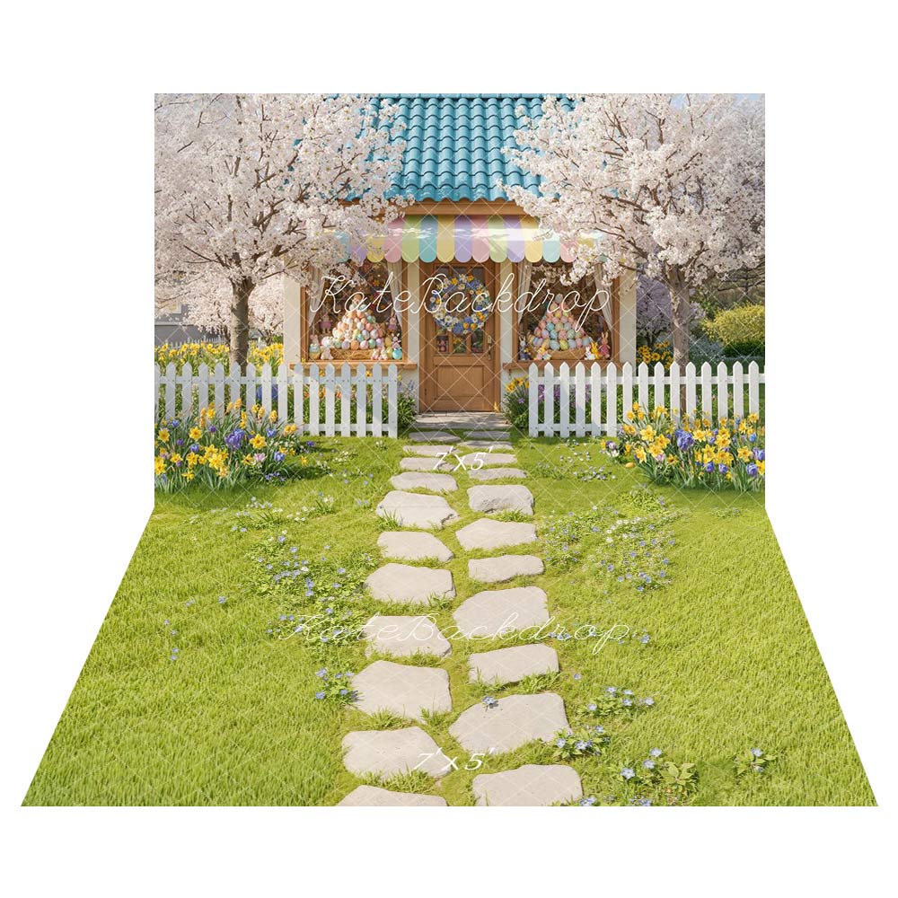 Kate Easter Egg Flower Tree Backdrop+Green Grass Stone Floor Backdrop