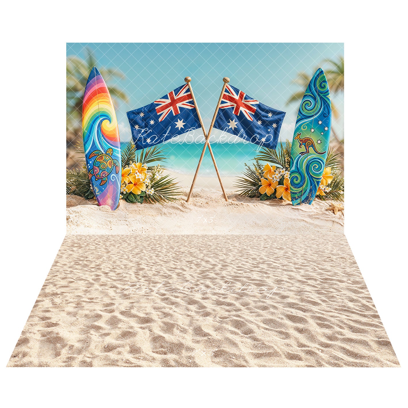 Kate Summer Surfboard Australian Flag Backdrop+Sand Floor Backdrop