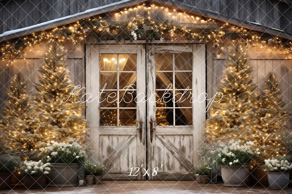 Kate Christmas Barn with Lights and Christmas Tree Fleece Backdrop Designed by Emetselch - Kate Backdrop AU