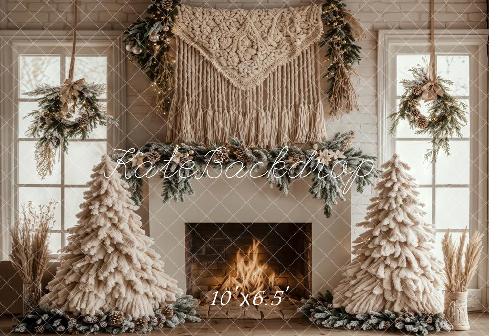 Kate Fleece White Christmas Backdrop Boho Fireplace Designed by Emetselch - Kate Backdrop AU