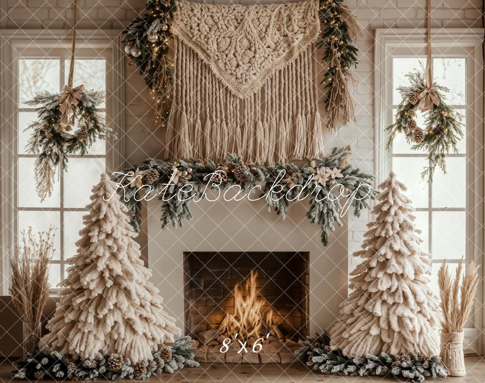 Kate Fleece White Christmas Backdrop Boho Fireplace Designed by Emetselch - Kate Backdrop AU