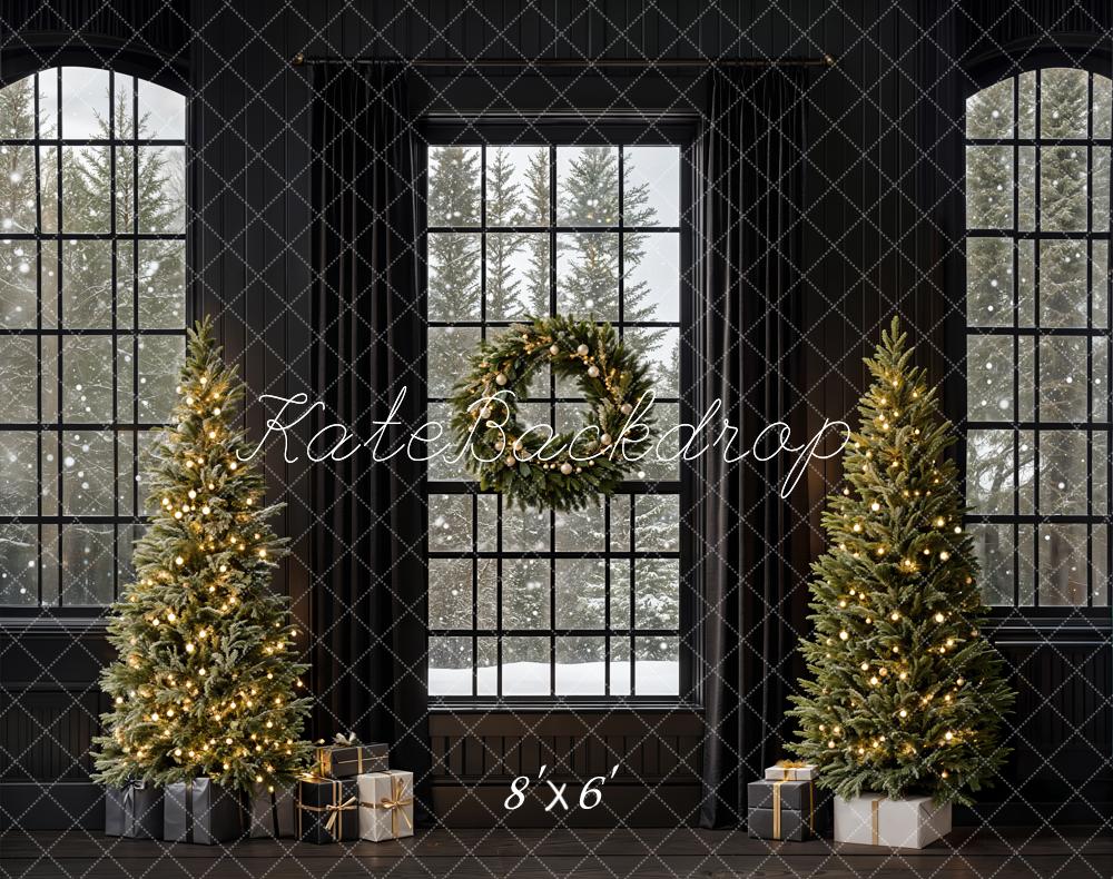 Kate Fleece Black Christmas Tree Window Backdrop Designed by Emetselch - Kate Backdrop AU