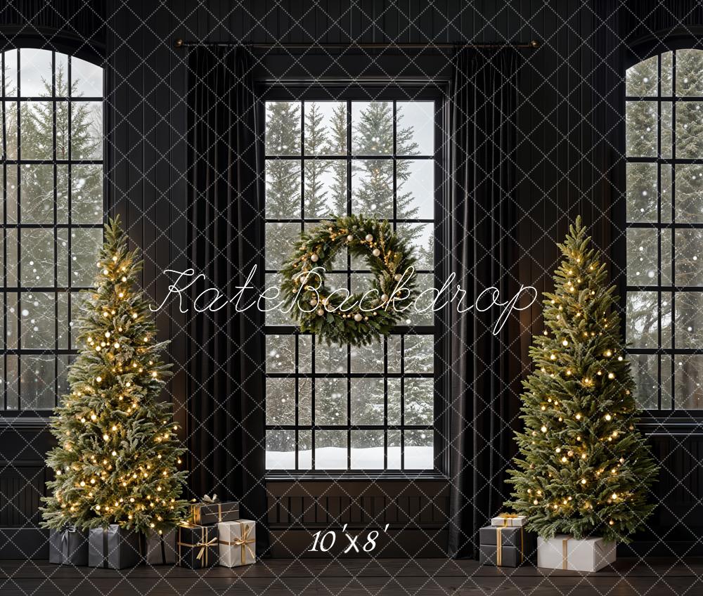 Kate Fleece Black Christmas Tree Window Backdrop Designed by Emetselch - Kate Backdrop AU