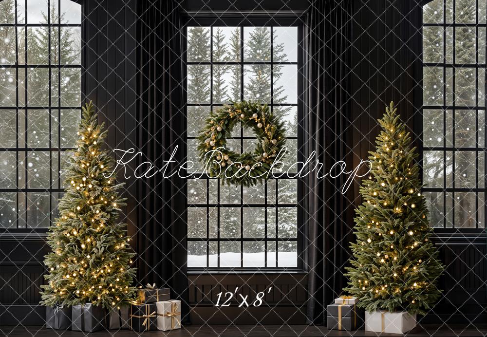 Kate Fleece Black Christmas Tree Window Backdrop Designed by Emetselch - Kate Backdrop AU