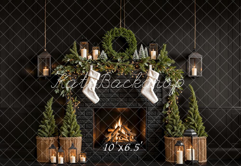 Kate Fleece Black Christmas Tree Fireplace Backdrop Designed by Emetselch - Kate Backdrop AU