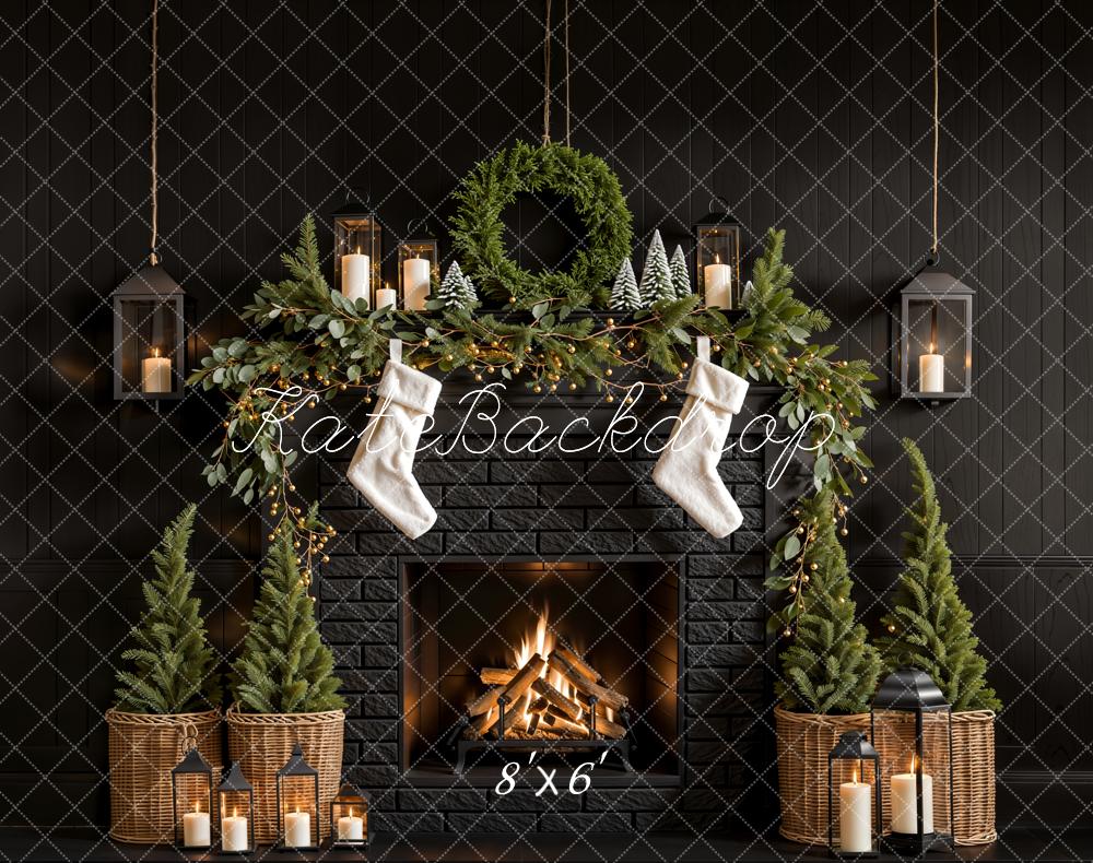 Kate Fleece Black Christmas Tree Fireplace Backdrop Designed by Emetselch - Kate Backdrop AU