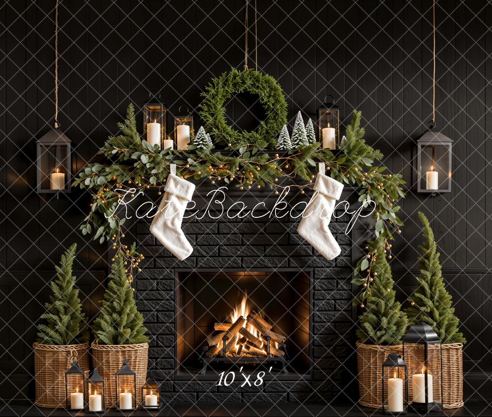 Kate Fleece Black Christmas Tree Fireplace Backdrop Designed by Emetselch - Kate Backdrop AU
