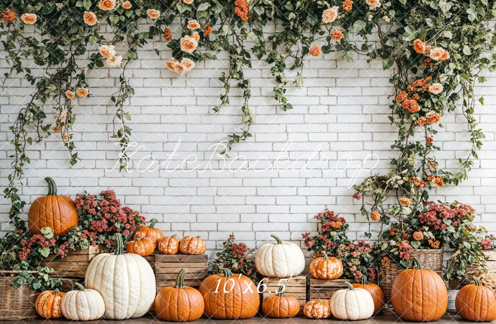 Kate Fleece Fall Pumpkins Backdrop Floral Brick Wall Designed by Emetselch - Kate Backdrop AU