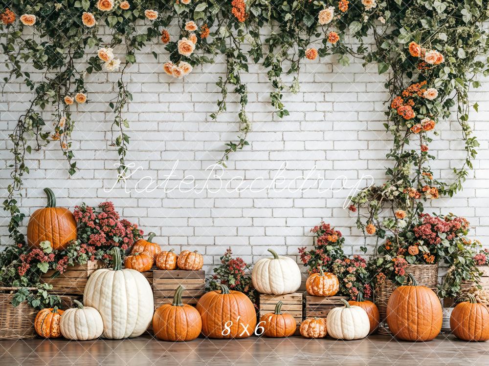 Kate Fleece Fall Pumpkins Backdrop Floral Brick Wall Designed by Emetselch - Kate Backdrop AU