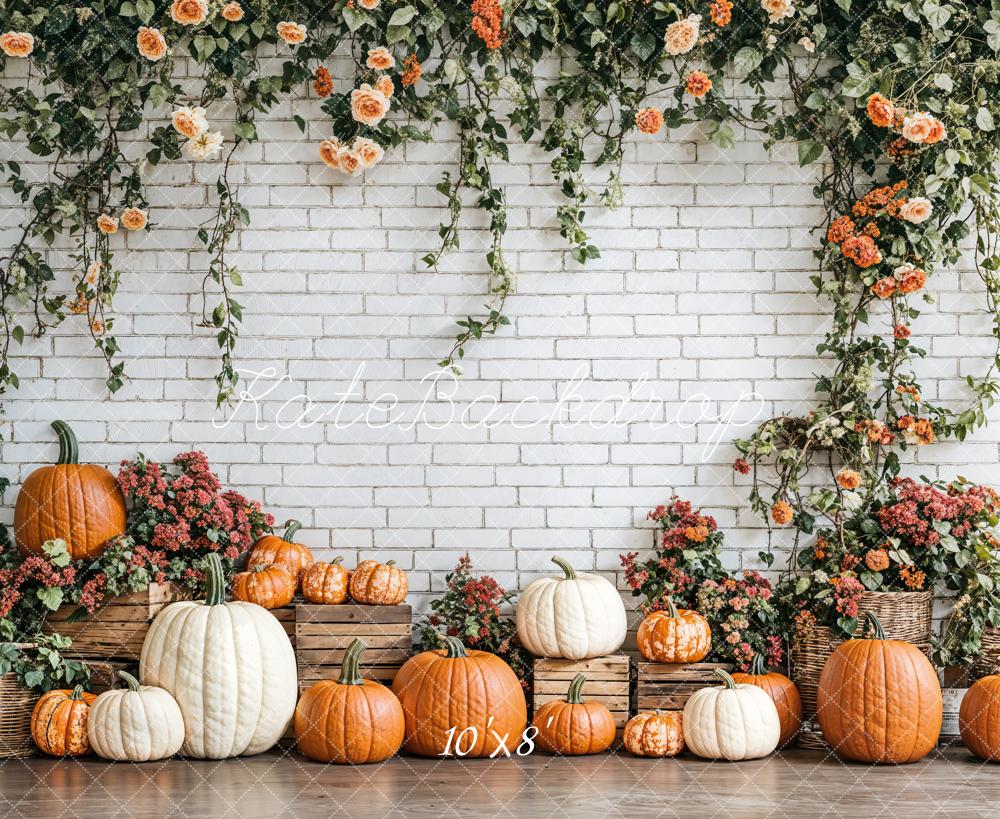 Kate Fleece Fall Pumpkins Backdrop Floral Brick Wall Designed by Emetselch - Kate Backdrop AU