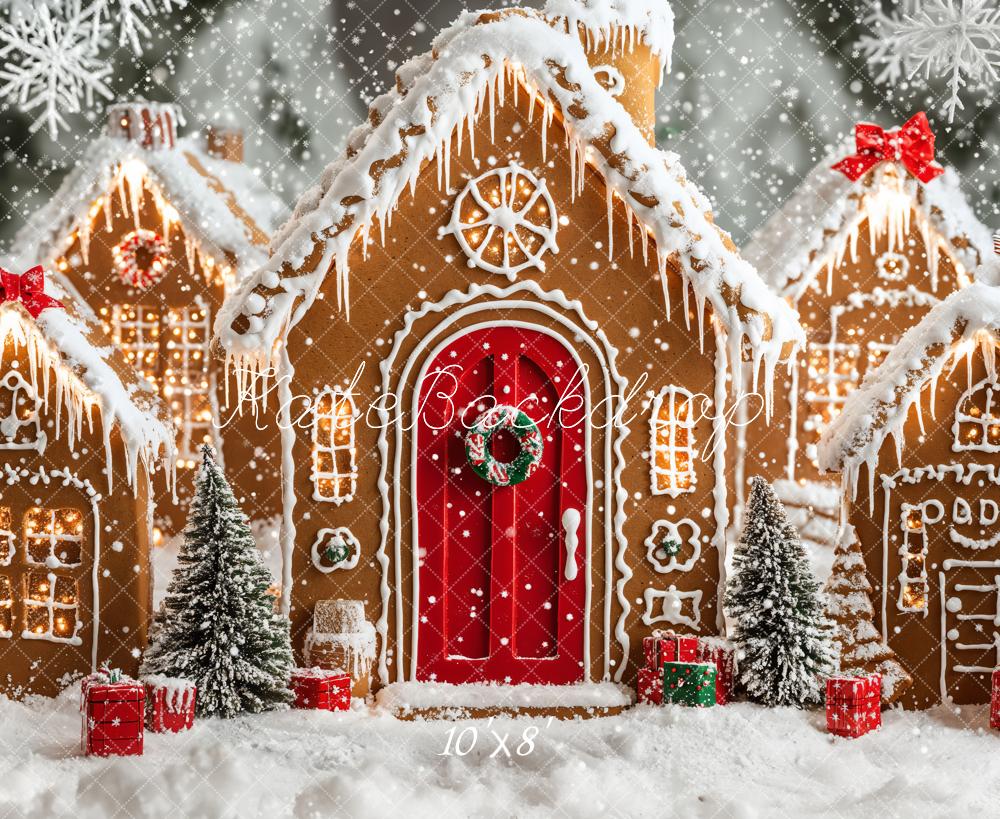 Kate Fleece Christmas Backdrop Gingerbread Houses Snowy Designed by Emetselch - Kate Backdrop AU