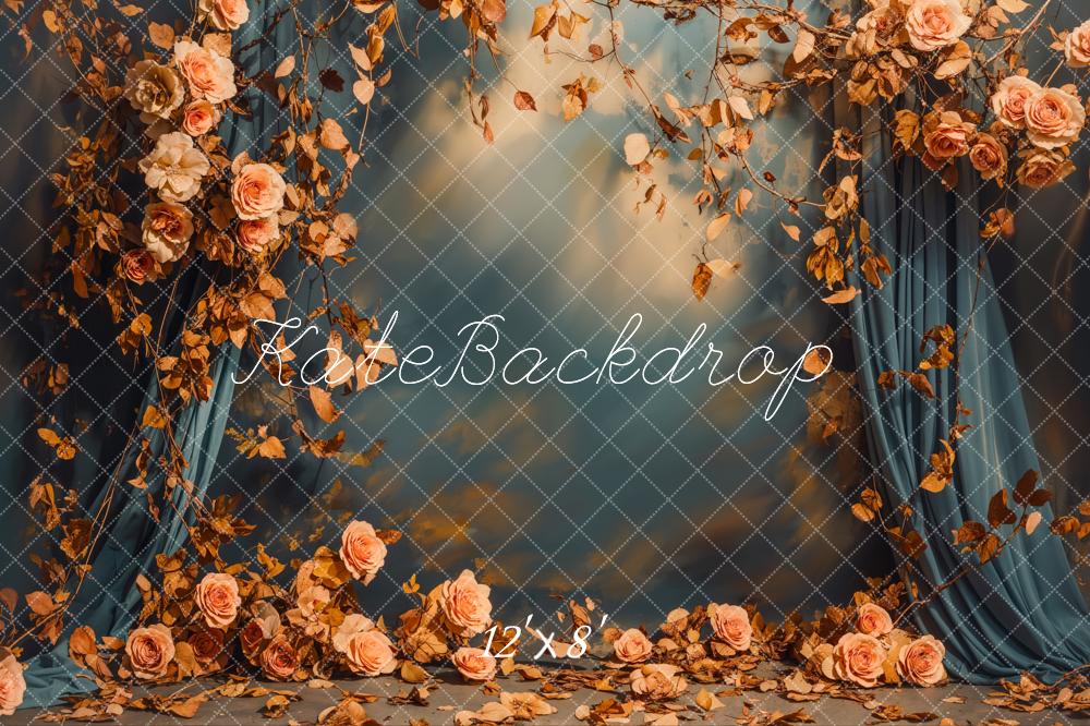 Kate Fleece Fall Floral Blue Curtains Backdrop Designed by Emetselch - Kate Backdrop AU