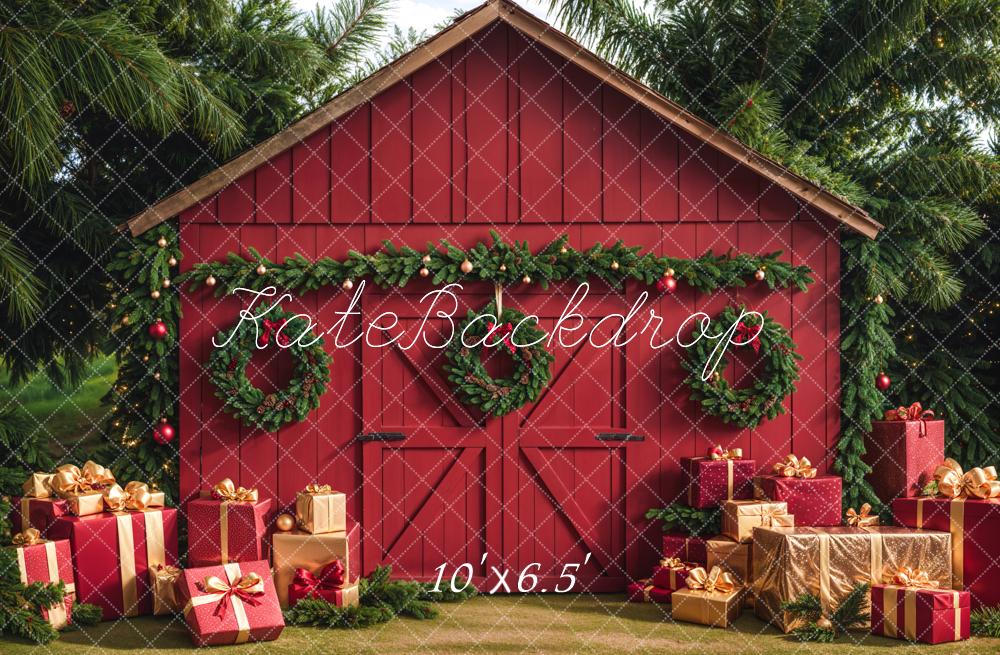 Kate Fleece Christmas Barn With Gifts Boxes Backdrop Designed by Emetselch - Kate Backdrop AU