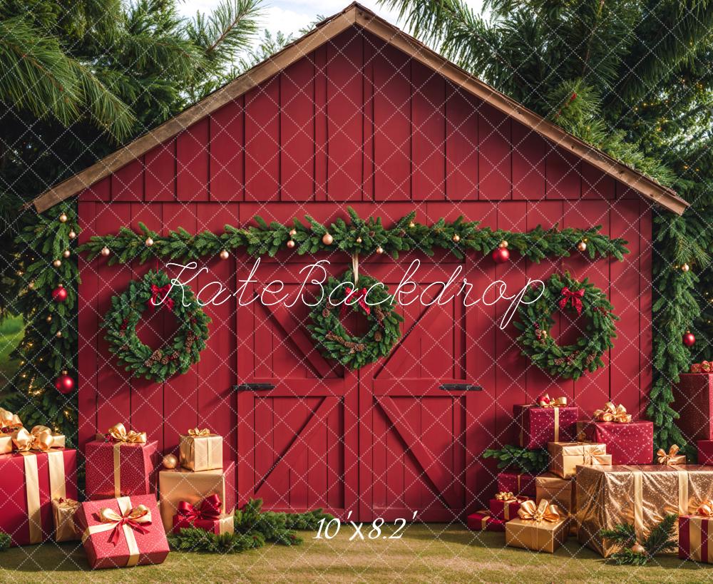 Kate Fleece Christmas Barn With Gifts Boxes Backdrop Designed by Emetselch - Kate Backdrop AU