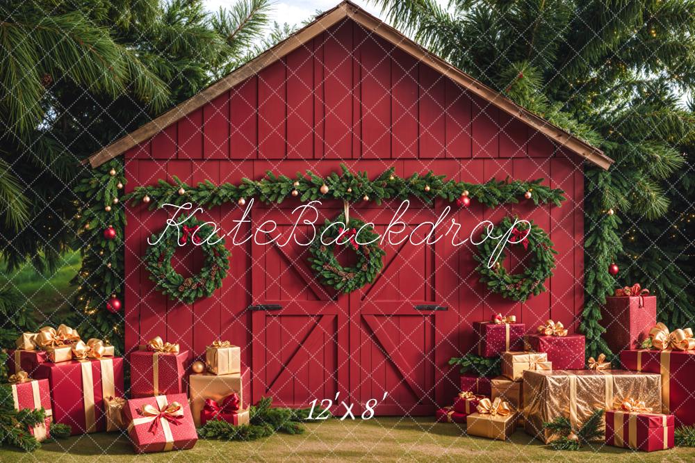 Kate Fleece Christmas Barn With Gifts Boxes Backdrop Designed by Emetselch - Kate Backdrop AU