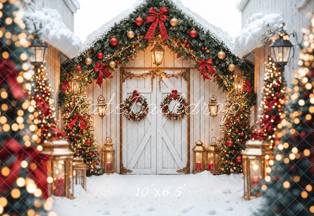 Kate Fleece Snow Christmas Tree Backdrop Barn Door Bokeh Designed by Emetselch - Kate Backdrop AU