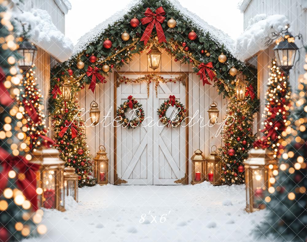 Kate Fleece Snow Christmas Tree Backdrop Barn Door Bokeh Designed by Emetselch - Kate Backdrop AU