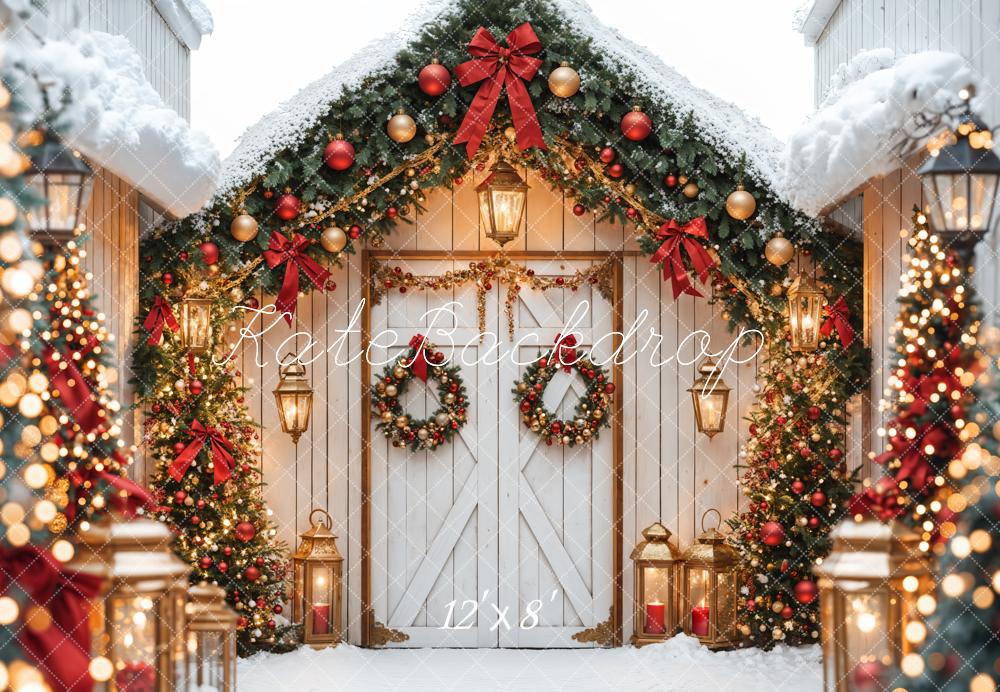 Kate Fleece Snow Christmas Tree Backdrop Barn Door Bokeh Designed by Emetselch - Kate Backdrop AU