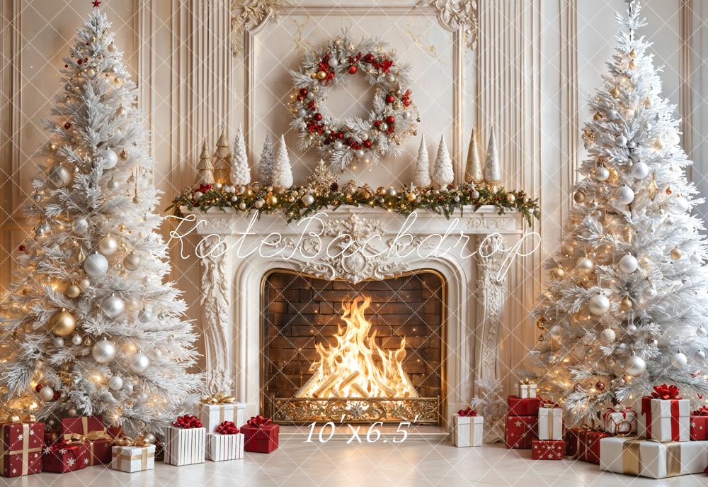 Kate Fleece White Christmas Tree Fireplace Backdrop Designed by Emetselch - Kate Backdrop AU