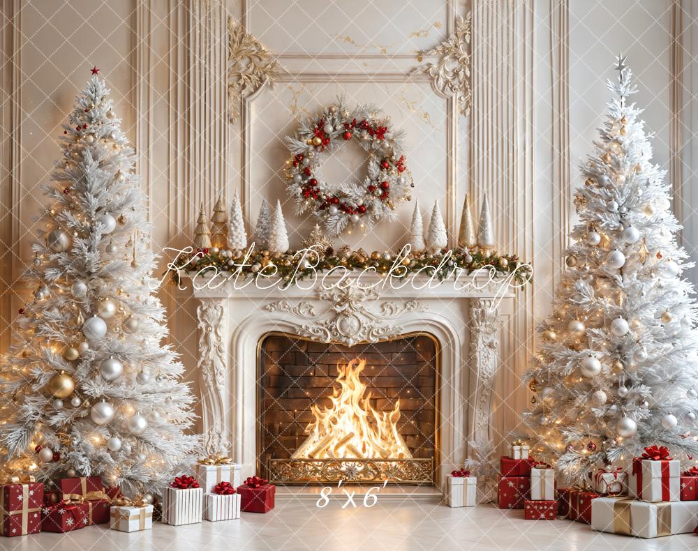 Kate Fleece White Christmas Tree Fireplace Backdrop Designed by Emetselch - Kate Backdrop AU