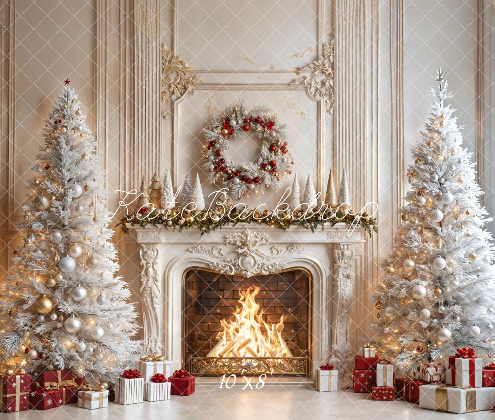 Kate Fleece White Christmas Tree Fireplace Backdrop Designed by Emetselch - Kate Backdrop AU