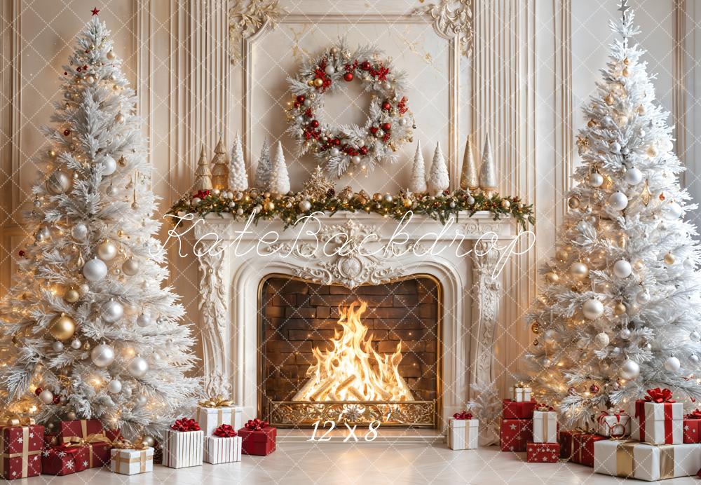 Kate Fleece White Christmas Tree Fireplace Backdrop Designed by Emetselch - Kate Backdrop AU