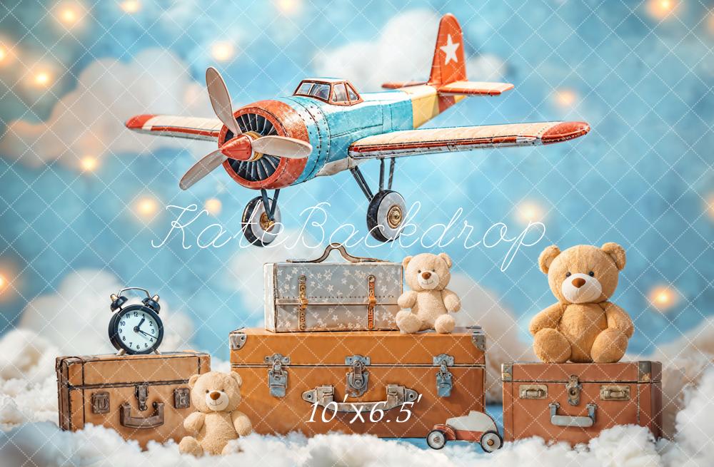 Kate Fleece Blue Teddy Bear Airplane Suitcase Backdrop Designed by Emetselch - Kate Backdrop AU