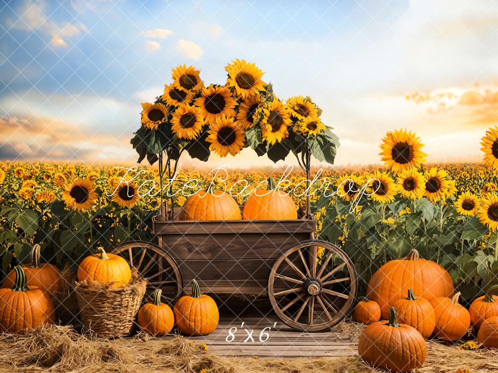Kate Fleece Fall Sunflowers Pumpkins Cart Backdrop Designed by Emetselch - Kate Backdrop AU
