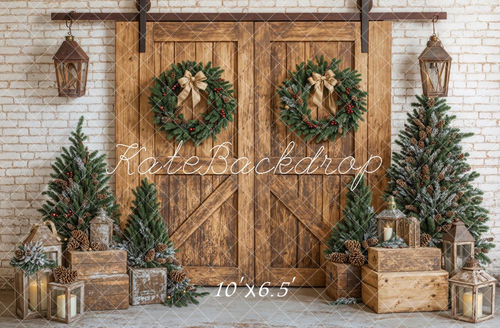 Kate Fleece Wreath Christams Barn Door Backdrop Designed by Emetselch - Kate Backdrop AU