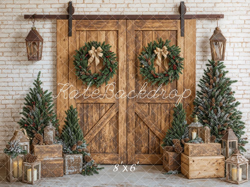 Kate Fleece Wreath Christams Barn Door Backdrop Designed by Emetselch - Kate Backdrop AU
