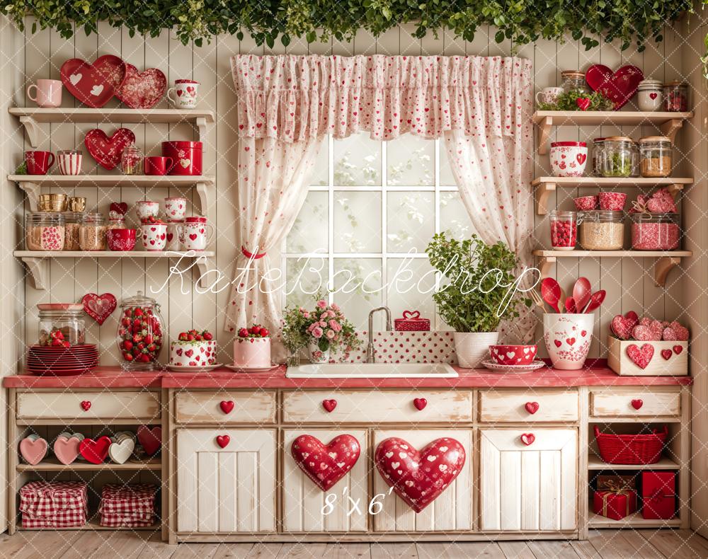 Kate Fleece Valentine's Day Kitchen Backdrop Red Heart Designed by Emetselch - Kate Backdrop AU