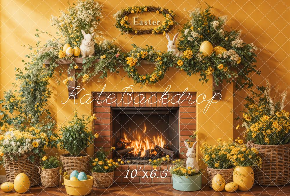 Kate Easter Spring Backdrop Floral Yellow Fireplace Eggs Designed by Emetselch - Kate Backdrop AU