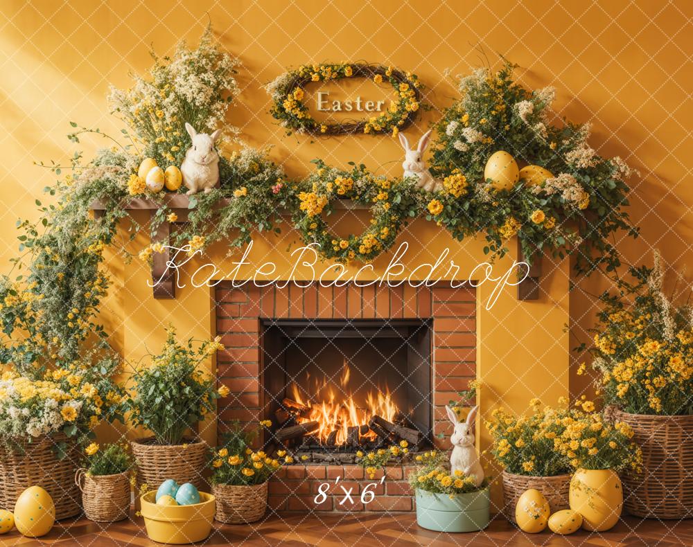 Kate Easter Spring Backdrop Floral Yellow Fireplace Eggs Designed by Emetselch - Kate Backdrop AU