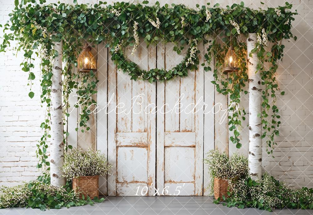 Kate Spring White Vintage Barn Door Green Plants Backdrop Designed by Emetselch - Kate Backdrop AU