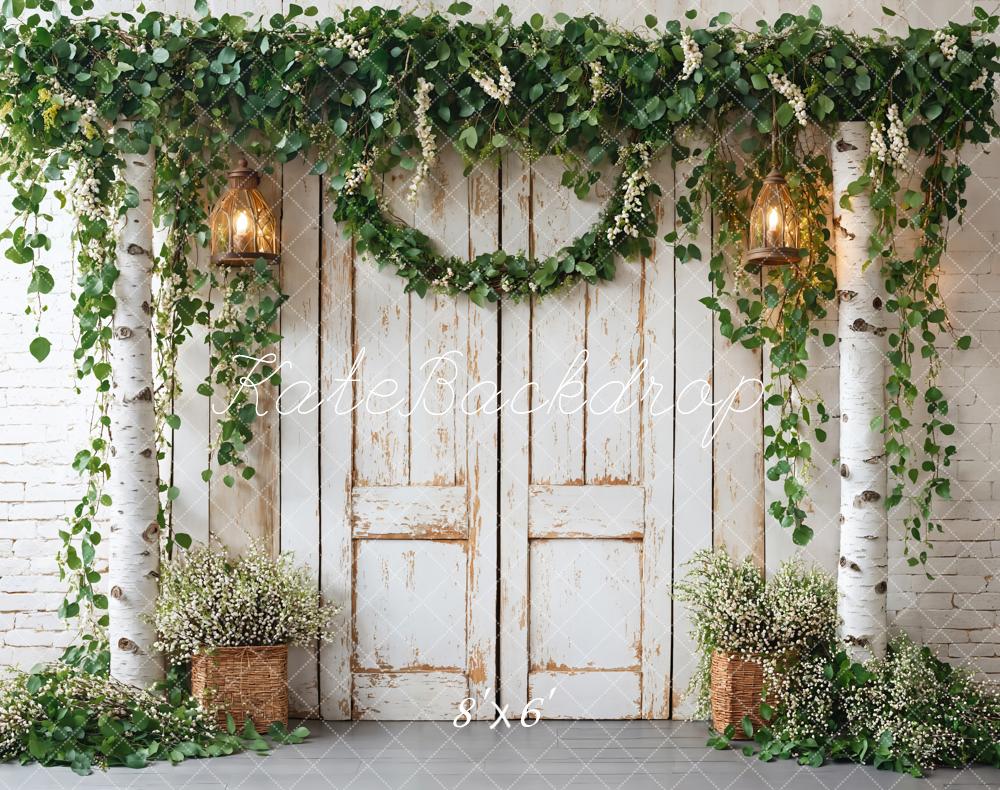 Kate Spring White Vintage Barn Door Green Plants Backdrop Designed by Emetselch - Kate Backdrop AU