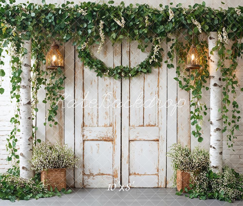 Kate Spring White Vintage Barn Door Green Plants Backdrop Designed by Emetselch - Kate Backdrop AU