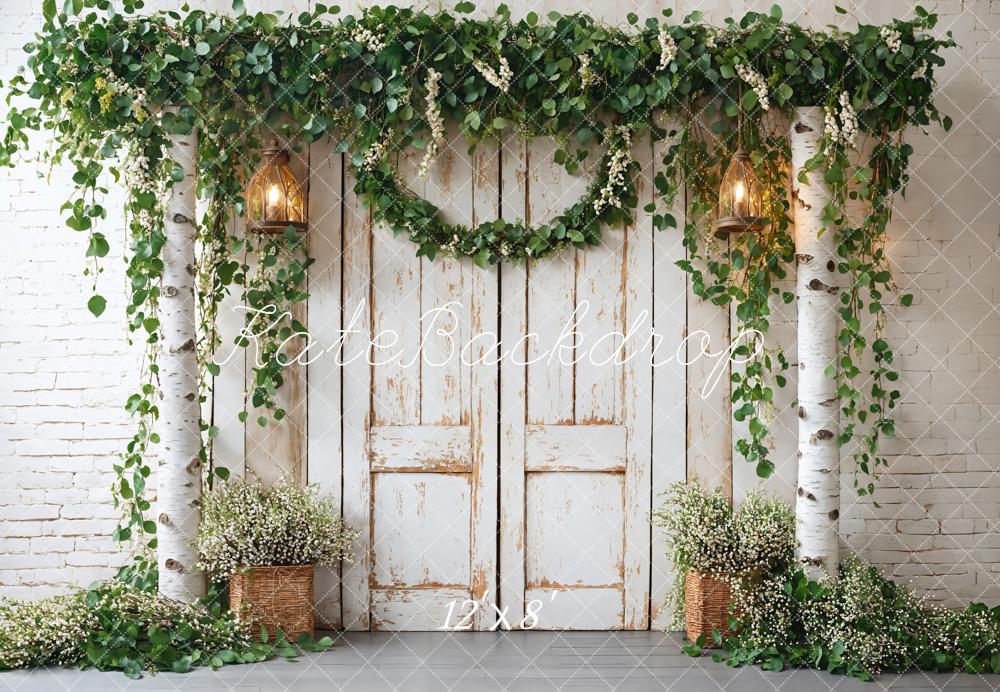 Kate Spring White Vintage Barn Door Green Plants Backdrop Designed by Emetselch - Kate Backdrop AU