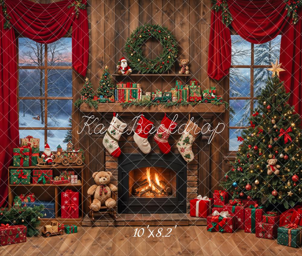 Kate Fleece Christmas Fireplace Tree Backdrop Stockings Presents Designed by Emetselch