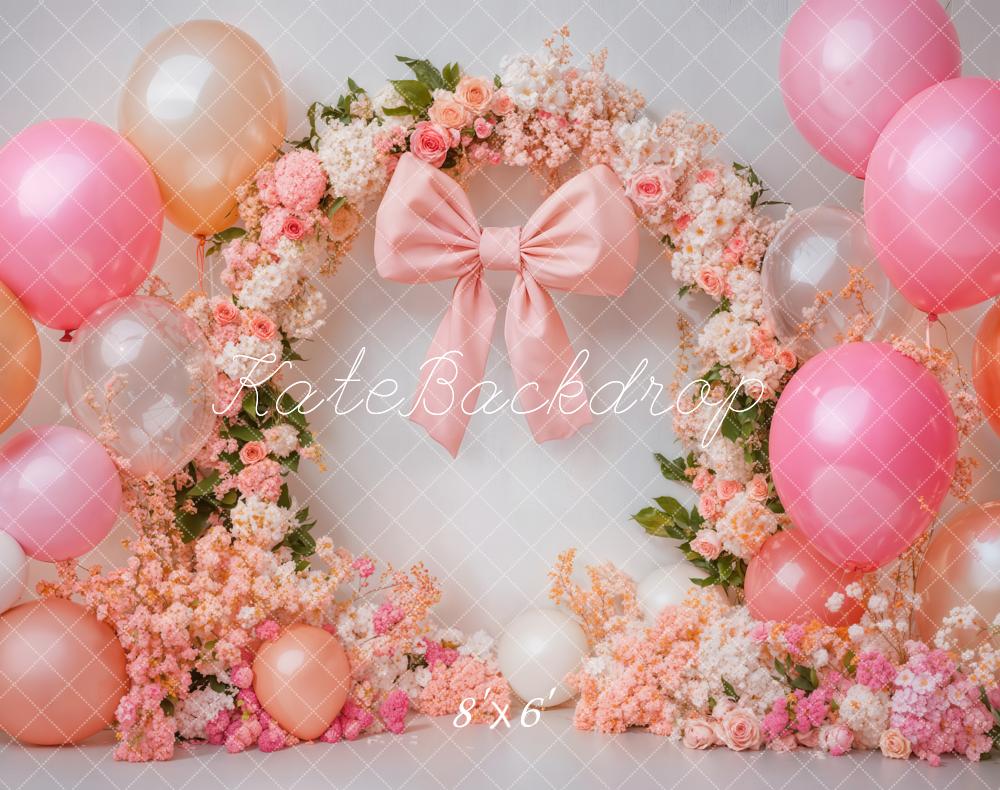 Kate Birthday Backdrop Pink Bow Balloon Flower Arch Designed by Emetselch - Kate Backdrop AU