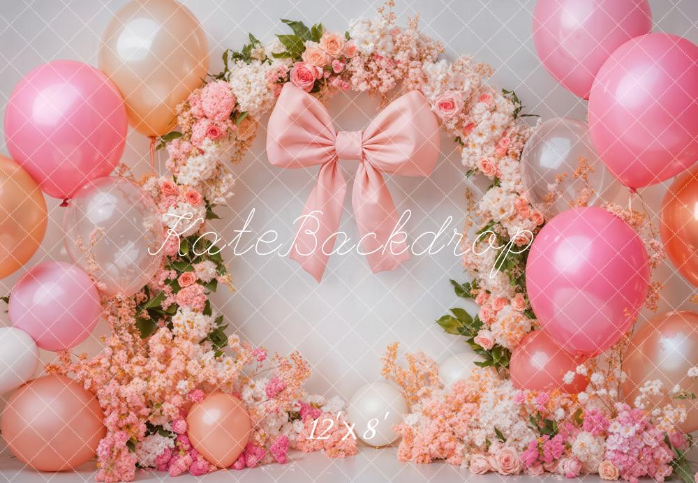 Kate Birthday Backdrop Pink Bow Balloon Flower Arch Designed by Emetselch - Kate Backdrop AU